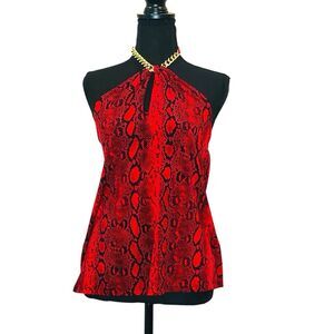 Michael Kors Snakeskin Print Keyhole Open Back Chain Halter Top Red Black Medium